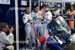 04-11.06.2010 Le Mans, France, Pole winner Sebastien Bourdais celebrates with teammates Pedro Lamy and Simon Pagenaud - 24 Hour of Le Mans 2010