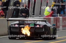 04-11.06.2010 Le Mans, France, #69 JLOC Lamborghini Murcielago: Atsushi Yogo, Koji Yamanishi, Hiroyuki Iiri with fire - 24 Hour of Le Mans 2010