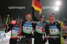 05.01.2011, Oberhof, Germany (GER): (L-R): Michael Greis (GER), Madshus, Rottefella, Exel, adidas, Alexander Wolf (GER), Fischer, Rottefella, Alpina, Leki adidas, Toko, Christoph Stephan (GER), Fischer, Rottefella, Swix, adidas, Toko, Arnd Peiffer (GER), Fischer, Salomon, Swix, adidas - IBU world cup biathlon, relay men, Oberhof (GER). www.xpb.cc. © Manzoni/xpb.cc. Every downloaded picture is fee-liable.