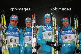 05.01.2011, Oberhof, Germany (GER): (L-R): Serhiy Semenov (UKR), Fischer, Rottefella, Alpina, Swix, Serguei Sednev (UKR), Madshus, Rottefella, Alpina, Swix, Andriy Deryzemlya (UKR), Fischer, Rottefella, Swix, Olexaner Bilanenko (UKR), Fischer, Salomon - IBU world cup biathlon, relay men, Oberhof (GER). www.xpb.cc. © Manzoni/xpb.cc. Every downloaded picture is fee-liable.