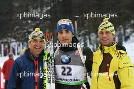 14.01.2011, Ruhpolding, Germany (GER): L-R: Matthias Faller (GER), Martin Fourcade (FRA), Rossignol, Rottefella, OneWay, Odlo - IBU world cup biathlon, sprint men, Ruhpolding (GER). www.xpb.cc. © Manzoni/xpb.cc. Every downloaded picture is fee-liable.