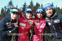 03.03.2011, Khanty-Mansiysk, Russia (RUS): (L-R): Alexis Boeuf (FRA), Salomon, Swix, OneWay, Marie Laure Brunet (FRA), Rossignol, Rottefella, Swix, Marie Dorin (FRA), Rossignol, Rottefella, OneWay, Martin Fourcade (FRA), Rossignol, Rottefella, OneWay, Odlo - IBU world championships biathlon, medals, Khanty-Mansiysk (RUS). www.xpb.cc. © Manzoni/xpb.cc. Every downloaded picture is fee-liable.