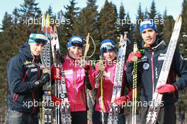 03.03.2011, Khanty-Mansiysk, Russia (RUS): (L-R): Alexis Boeuf (FRA), Salomon, Swix, OneWay, Marie Laure Brunet (FRA), Rossignol, Rottefella, Swix, Marie Dorin (FRA), Rossignol, Rottefella, OneWay, Martin Fourcade (FRA), Rossignol, Rottefella, OneWay, Odlo - IBU world championships biathlon, medals, Khanty-Mansiysk (RUS). www.xpb.cc. © Manzoni/xpb.cc. Every downloaded picture is fee-liable.