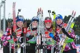 13.03.2011, Khanty-Mansiysk, Russia (RUS): (L-R): Anais Bescond (FRA), Madshus, Rottefella, Swix, OneWay, Marie Laure Brunet (FRA), Rossignol, Rottefella, Swix, Sofie Boilley (FRA), Rossignol, Rottefella, OneWay, Marie Dorin (FRA), Rossignol, Rottefella, OneWay - IBU world championships biathlon, medals, Khanty-Mansiysk (RUS). www.xpb.cc. © Manzoni/xpb.cc. Every downloaded picture is fee-liable.