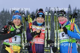 06.03.2011, Khanty-Mansiysk, Russia (RUS): (L-R): Magdalena Neuner (GER), Fischer, Rottefella, Exel, adidas, Kaisa Maekaeraeinen (FIN), Fischer, Rottefella, Leki, Odlo, Helena Ekholm (SWE), Fischer, Rottefella, Leki, adidas - IBU world championships biathlon, medals, Khanty-Mansiysk (RUS). www.xpb.cc. © Manzoni/xpb.cc. Every downloaded picture is fee-liable.