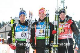 05.03.2011, Khanty-Mansiysk, Russia (RUS): (l-r): Martin Fourcade (FRA), Rossignol, Rottefella, OneWay, Odlo, Arnd Peiffer (GER), Fischer, Salomon, Swix, adidas, Tarjei Boe (NOR), Fischer, Rottefella, Swix, ODLO - IBU world championships biathlon, medals, Khanty-Mansiysk (RUS). www.xpb.cc. © Manzoni/xpb.cc. Every downloaded picture is fee-liable.