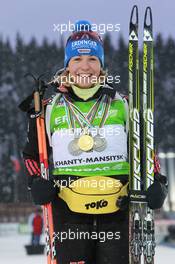 06.03.2011, Khanty-Mansiysk, Russia (RUS): Magdalena Neuner (GER), Fischer, Rottefella, Exel, adidas - IBU world championships biathlon, medals, Khanty-Mansiysk (RUS). www.xpb.cc. © Manzoni/xpb.cc. Every downloaded picture is fee-liable.