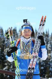 02.03.2011, Khanty-Mansiysk, Russia (RUS): Dorothea Wierer (ITA), Rossignol, Rottefella, Casco with her four gold and three silver medals from the Junior World Championships and the European Championship- IBU world championships biathlon, medals, Khanty-Mansiysk (RUS). www.xpb.cc. © Manzoni/xpb.cc. Every downloaded picture is fee-liable.