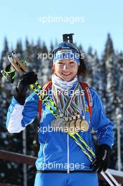 02.03.2011, Khanty-Mansiysk, Russia (RUS): Dorothea Wierer (ITA), Rossignol, Rottefella, Casco with her four gold and three silver medals from the Junior World Championships and the European Championship- IBU world championships biathlon, medals, Khanty-Mansiysk (RUS). www.xpb.cc. © Manzoni/xpb.cc. Every downloaded picture is fee-liable.