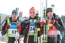 05.03.2011, Khanty-Mansiysk, Russia (RUS): (L-R): Martin Fourcade (FRA), Rossignol, Rottefella, OneWay, Odlo, Arnd Peiffer (GER), Fischer, Salomon, Swix, adidas, Tarjei Boe (NOR), Fischer, Rottefella, Swix, ODLO - IBU world championships biathlon, medals, Khanty-Mansiysk (RUS). www.xpb.cc. © Manzoni/xpb.cc. Every downloaded picture is fee-liable.