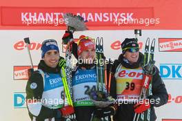 05.03.2011, Khanty-Mansiysk, Russia (RUS): (L-R): Martin Fourcade (FRA), Rossignol, Rottefella, OneWay, Odlo, Arnd Peiffer (GER), Fischer, Salomon, Swix, adidas, Tarjei Boe (NOR), Fischer, Rottefella, Swix, ODLO - IBU world championships biathlon, medals, Khanty-Mansiysk (RUS). www.xpb.cc. © Manzoni/xpb.cc. Every downloaded picture is fee-liable.