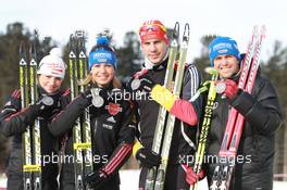 03.03.2011, Khanty-Mansiysk, Russia (RUS): (L-R): Andrea Henkel (GER), Fischer, Rottefella, Exel, adidas, Toko, Magdalena Neuner (GER), Fischer, Rottefella, Exel, adidas, Arnd Peiffer (GER), Fischer, Salomon, Swix, adidas, Michael Greis (GER), Madshus, Rottefella, OneWay, adidas - IBU world championships biathlon, medals, Khanty-Mansiysk (RUS). www.xpb.cc. © Manzoni/xpb.cc. Every downloaded picture is fee-liable.