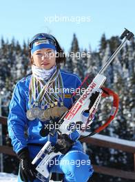 02.03.2011, Khanty-Mansiysk, Russia (RUS): Dorothea Wierer (ITA), Rossignol, Rottefella, Casco with her four gold and three silver medals from the Junior World Championships and the European Championship- IBU world championships biathlon, medals, Khanty-Mansiysk (RUS). www.xpb.cc. © Manzoni/xpb.cc. Every downloaded picture is fee-liable.