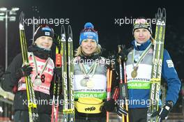 05.03.2011, Khanty-Mansiysk, Russia (RUS): (L-R): Kaisa Maekaeraeinen (FIN), Fischer, Rottefella, Leki, Odlo, Magdalena Neuner (GER), Fischer, Rottefella, Exel, adidas, Anastasiya Kuzmina (SVK), Fischer, Salomon, Exel - IBU world championships biathlon, medals, Khanty-Mansiysk (RUS). www.xpb.cc. © Manzoni/xpb.cc. Every downloaded picture is fee-liable.