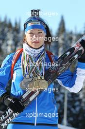 02.03.2011, Khanty-Mansiysk, Russia (RUS): Dorothea Wierer (ITA), Rossignol, Rottefella, Casco with her four gold and three silver medals from the Junior World Championships and the European Championship- IBU world championships biathlon, medals, Khanty-Mansiysk (RUS). www.xpb.cc. © Manzoni/xpb.cc. Every downloaded picture is fee-liable.