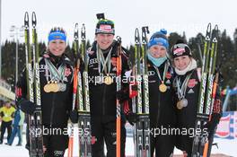 13.03.2011, Khanty-Mansiysk, Russia (RUS): (L-R): Magdalena Neuner (GER), Fischer, Rottefella, Exel, adidas, Tina Bachmann (GER), Fischer, Rottefella, Swix, adidas , Miriam Goessner (GER), Fischer, Salomon, Swix, adidas, Andrea Henkel (GER), Fischer, Rottefella, Exel, adidas, Toko - IBU world championships biathlon, medals, Khanty-Mansiysk (RUS). www.xpb.cc. © Manzoni/xpb.cc. Every downloaded picture is fee-liable.