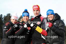 03.03.2011, Khanty-Mansiysk, Russia (RUS): (L-R): Andrea Henkel (GER), Fischer, Rottefella, Exel, adidas, Toko, Magdalena Neuner (GER), Fischer, Rottefella, Exel, adidas, Arnd Peiffer (GER), Fischer, Salomon, Swix, adidas, Michael Greis (GER), Madshus, Rottefella, OneWay, adidas - IBU world championships biathlon, medals, Khanty-Mansiysk (RUS). www.xpb.cc. © Manzoni/xpb.cc. Every downloaded picture is fee-liable.