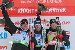 06.03.2011, Khanty-Mansiysk, Russia (RUS): (L-R): Emil Hegle Svendsen (NOR), Madshus, Rottefella, Swix, Odlo, Martin Fourcade (FRA), Rossignol, Rottefella, OneWay, Odlo, Tarjei Boe (NOR), Fischer, Rottefella, Swix, ODLO - IBU world championships biathlon, pursuit men, Khanty-Mansiysk (RUS). www.xpb.cc. © Manzoni/xpb.cc. Every downloaded picture is fee-liable.