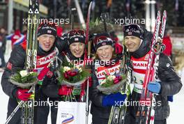 03.03.2011, Khanty-Mansiysk, Russia (RUS): (L-R): Tarjei Boe (NOR), Fischer, Rottefella, Swix, ODLO, Ann Kristin Aafedt Flatland (NOR), Madshus, Rottefella, Alpina, Swix, ODLO, Tora Berger (NOR), Fischer, Rottefella, Odlo, Ole Einar Bjoerndalen (NOR), Madshus, Rottefella, Odlo - IBU world championships biathlon, relay mixed, Khanty-Mansiysk (RUS). www.xpb.cc. Â© Miko/xpb.cc. Every downloaded picture is fee-liable.