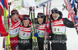 03.03.2011, Khanty-Mansiysk, Russia (RUS): L-R: Tarjei Boe (NOR), Fischer, Rottefella, Swix, ODLO, Tora Berger (NOR), Fischer, Rottefella, Odlo, Ann Kristin Aafedt Flatland (NOR), Madshus, Rottefella, Alpina, Swix, ODLO, Ole Einar Bjoerndalen (NOR), Madshus, Rottefella, Odlo - IBU world championships biathlon, relay mixed, Khanty-Mansiysk (RUS). www.xpb.cc. © Miko/xpb.cc. Every downloaded picture is fee-liable.