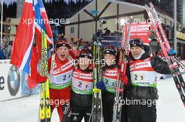 03.03.2011, Khanty-Mansiysk, Russia (RUS): Tarjei Boe (NOR), Fischer, Rottefella, Swix, ODLO, Tora Berger (NOR), Fischer, Rottefella, Odlo, Ann Kristin Aafedt Flatland (NOR), Madshus, Rottefella, Alpina, Swix, ODLO, Ole Einar Bjoerndalen (NOR), Madshus, Rottefella, Odlo - IBU world championships biathlon, relay mixed, Khanty-Mansiysk (RUS). www.xpb.cc. © Manzoni/xpb.cc. Every downloaded picture is fee-liable.