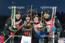 03.03.2011, Khanty-Mansiysk, Russia (RUS): (L-R): Tarjei Boe (NOR), Fischer, Rottefella, Swix, ODLO, Ann Kristin Aafedt Flatland (NOR), Madshus, Rottefella, Alpina, Swix, ODLO, Tora Berger (NOR), Fischer, Rottefella, Odlo, Ole Einar Bjoerndalen (NOR), Madshus, Rottefella, Odlo - IBU world championships biathlon, relay mixed, Khanty-Mansiysk (RUS). www.xpb.cc. © Manzoni/xpb.cc. Every downloaded picture is fee-liable.