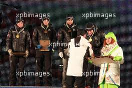 03.03.2011, Khanty-Mansiysk, Russia (RUS): (L-R): Tora Berger (NOR), Fischer, Rottefella, Odlo, Ann Kristin Aafedt Flatland (NOR), Madshus, Rottefella, Alpina, Swix, ODLO, Ole Einar Bjoerndalen (NOR), Madshus, Rottefella, Odlo, Anders Besseberg (NOR), president of IBU, International Biathlon Union, Tarjei Boe (NOR), Fischer, Rottefella, Swix, ODLO - IBU world championships biathlon, relay mixed, Khanty-Mansiysk (RUS). www.xpb.cc. © Manzoni/xpb.cc. Every downloaded picture is fee-liable.