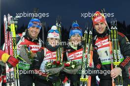 03.03.2011, Khanty-Mansiysk, Russia (RUS): L-R: Michael Greis (GER), Madshus, Rottefella, OneWay, adidas, Andrea Henkel (GER), Fischer, Rottefella, Exel, adidas, Toko, Magdalena Neuner (GER), Fischer, Rottefella, Exel, adidas, Arnd Peiffer (GER), Fischer, Salomon, Swix, adidas - IBU world championships biathlon, relay mixed, Khanty-Mansiysk (RUS). www.xpb.cc. © Manzoni/xpb.cc. Every downloaded picture is fee-liable.