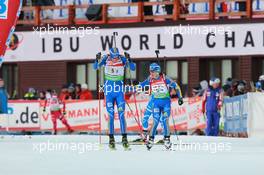 03.03.2011, Khanty-Mansiysk, Russia (RUS): Bjoern Ferry (SWE), Fischer, Rottefella, Leki, adidas, Anna Carin Zidek (SWE), Salomon, Leki, adidas - IBU world championships biathlon, relay mixed, Khanty-Mansiysk (RUS). www.xpb.cc. © Manzoni/xpb.cc. Every downloaded picture is fee-liable.