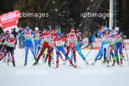 03.03.2011, Khanty-Mansiysk, Russia (RUS): L-R: Andrea Henkel (GER), Fischer, Rottefella, Exel, adidas, Toko, Helena Ekholm (SWE), Fischer, Rottefella, Leki, adidas, Tora Berger (NOR), Fischer, Rottefella, Odlo, Svetlana Sleptsova (RUS), Fischer, Rottefella, Alpina, Swix, adidas, Marie Laure Brunet (FRA), Rossignol, Rottefella, Swix, Michaela Ponza (ITA), Fischer, Rottefella, Rossignol, Swix, Teja Gregorin (SLO), Fischer, Rottefella, Alpina, Leki - IBU world championships biathlon, relay mixed, Khanty-Mansiysk (RUS). www.xpb.cc. © Manzoni/xpb.cc. Every downloaded picture is fee-liable.