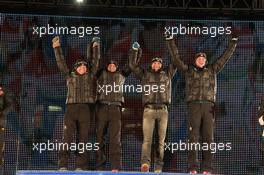 03.03.2011, Khanty-Mansiysk, Russia (RUS): (L-R): Tora Berger (NOR), Fischer, Rottefella, Odlo, Ann Kristin Aafedt Flatland (NOR), Madshus, Rottefella, Alpina, Swix, ODLO, Ole Einar Bjoerndalen (NOR), Madshus, Rottefella, Odlo, Tarjei Boe (NOR), Fischer, Rottefella, Swix, ODLO - IBU world championships biathlon, relay mixed, Khanty-Mansiysk (RUS). www.xpb.cc. © Manzoni/xpb.cc. Every downloaded picture is fee-liable.