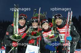 03.03.2011, Khanty-Mansiysk, Russia (RUS): (L-R): Tarjei Boe (NOR), Fischer, Rottefella, Swix, ODLO, Ann Kristin Aafedt Flatland (NOR), Madshus, Rottefella, Alpina, Swix, ODLO, Tora Berger (NOR), Fischer, Rottefella, Odlo, Ole Einar Bjoerndalen (NOR), Madshus, Rottefella, Odlo - IBU world championships biathlon, relay mixed, Khanty-Mansiysk (RUS). www.xpb.cc. © Manzoni/xpb.cc. Every downloaded picture is fee-liable.