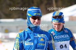 05.03.2011, Khanty-Mansiysk, Russia (RUS): Magnus Jonsson (SWE), Atomic, Leki, adidas, Fredrik Lindstroem (SWE), Fischer, Rottefella, Swix, adidas - IBU world championships biathlon, sprint men, Khanty-Mansiysk (RUS). www.xpb.cc. © Manzoni/xpb.cc. Every downloaded picture is fee-liable.