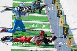 05.03.2011, Khanty-Mansiysk, Russia (RUS): Biathlon Feature: zeroing with Jaroslav Soukup (CZE), Fischer, Rottefella, Christian de Lorenzi (ITA), Atomic, Rottefella, Alpina, OneWay, Tim Burke (USA), Rossignol, Rottefella, Swix, adidas - IBU world championships biathlon, sprint men, Khanty-Mansiysk (RUS). www.xpb.cc. © Manzoni/xpb.cc. Every downloaded picture is fee-liable.