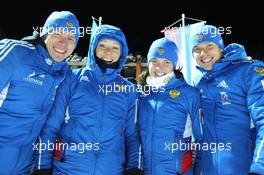 01.03.2011, Khanty-Mansiysk, Russia (RUS): L-R: Ivan Tcherezov (RUS), Fischer, Rottefella, Swix, adidas, Olga Zaitseva (RUS), Madshus, Rottefella, Alpina, Swix, adidas, Svetlana Sleptsova (RUS), Fischer, Rottefella, Alpina, Swix, adidas, Evgeny Ustyugov (RUS), Fischer, Rottefella, Swix, adidas - IBU world championships biathlon, opening ceremony, Khanty-Mansiysk (RUS). www.xpb.cc. © Manzoni/xpb.cc. Every downloaded picture is fee-liable.