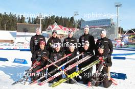 03.03.2011, Khanty-Mansiysk, Russia (RUS): (L-R): Matthias Ahrens (GER), Jean Paquet (CAN), head coach men Canada, Service-Crew with Tom Zidec (CAN), Husband of Anna Carin Zidek (SWE) and team staff Canada, Scott Perras (CAN), Madshus, Rottefella, Alpina, Swix, Jean Philippe Leguellec (CAN), Rossignol, Rottefella, Exel, Zina Kocher (CAN), Atomic, Leki, Odlo, Brendan Green (CAN), Madshus, Rottefella, Leki, Nathan Smith (CAN), Fischer, Rottefella, Alpina, Leki - IBU world championships biathlon, training, Khanty-Mansiysk (RUS). www.xpb.cc. © Manzoni/xpb.cc. Every downloaded picture is fee-liable.