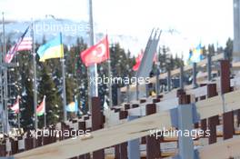 02.03.2011, Khanty-Mansiysk, Russia (RUS): Biathlon Feature: Grand stand with flags - IBU world championships biathlon, training, Khanty-Mansiysk (RUS). www.xpb.cc. © Manzoni/xpb.cc. Every downloaded picture is fee-liable.