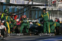 27.03.2011 Melbourne, Australia,  Jarno Trulli (ITA), Team Lotus pit stop - Formula 1 World Championship, Rd 01, Australian Grand Prix, Sunday Race
