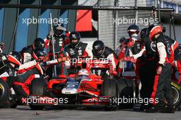 27.03.2011 Melbourne, Australia,  Timo Glock (GER), Marussia Virgin Racing pit stop - Formula 1 World Championship, Rd 01, Australian Grand Prix, Sunday Race