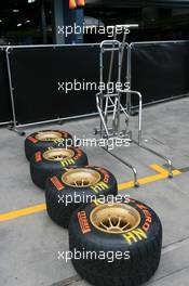 24.03.2011 Melbourne, Australia,  Tyres in the pit lane - Formula 1 World Championship, Rd 01, Australian Grand Prix, Thursday