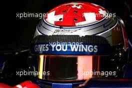 08.03.2011 Barcelona, Spain,  Sebastien Buemi (SUI), Scuderia Toro Rosso uses the new Bell helmet with the carbon part on top of the visor, new 2011 FIA helmet regulation - Formula 1 Testing - Formula 1 World Championship