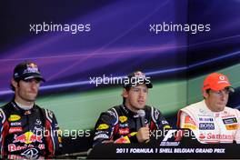 28.08.2011 Spa Francorchamps, Belgium,  Mark Webber (AUS), Red Bull Racing, Sebastian Vettel (GER), Red Bull Racing and Jenson Button (GBR), McLaren Mercedes  - Formula 1 World Championship, Rd 12, Belgian Grand Prix, Sunday Podium