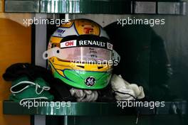 25.11.2011 Interlargos, Brazil,  Helmet of Luiz Razia (BRA), Team Lotus  - Formula 1 World Championship, Rd 19, Brazilian Grand Prix, Friday Practice