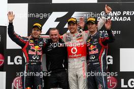 12.06.2011 Montreal, Canada,  Sebastian Vettel (GER), Red Bull Racing,  Jenson Button (GBR), McLaren Mercedes, Mark Webber (AUS), Red Bull Racing - Formula 1 World Championship, Rd 07, Canadian Grand Prix, Sunday Podium