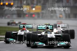 12.06.2011 Montreal, Canada,  Nico Rosberg (GER), Mercedes GP Petronas F1 Team leads Michael Schumacher (GER), Mercedes GP Petronas F1 Team - Formula 1 World Championship, Rd 07, Canadian Grand Prix, Sunday Race