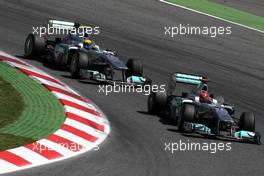 22.05.2011 Barcelona, Spain,  Michael Schumacher (GER), Mercedes GP Petronas F1 Team, MGP W02 leads Nico Rosberg (GER), Mercedes GP Petronas F1 Team, MGP W02 - Formula 1 World Championship, Rd 05, Spainish Grand Prix, Sunday Race