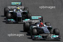 22.05.2011 Barcelona, Spain,  Michael Schumacher (GER), Mercedes GP Petronas F1 Team, MGP W02 leads Nico Rosberg (GER), Mercedes GP Petronas F1 Team, MGP W02 - Formula 1 World Championship, Rd 05, Spainish Grand Prix, Sunday Race