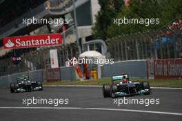 22.05.2011 Barcelona, Spain,  Michael Schumacher (GER), Mercedes GP Petronas F1 Team leads Nico Rosberg (GER), Mercedes GP Petronas F1 Team - Formula 1 World Championship, Rd 05, Spainish Grand Prix, Sunday Race