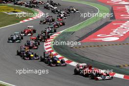 22.05.2011 Barcelona, Spain,  Fernando Alonso (ESP), Scuderia Ferrari, F150 leads at the start - Formula 1 World Championship, Rd 05, Spainish Grand Prix, Sunday Race