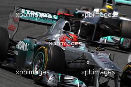 22.05.2011 Barcelona, Spain,  Michael Schumacher (GER), Mercedes GP Petronas F1 Team leads Nico Rosberg (GER), Mercedes GP Petronas F1 Team - Formula 1 World Championship, Rd 05, Spainish Grand Prix, Sunday Race